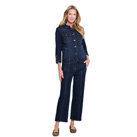 A woman modeling a dark wash denim two-piece set consisting of a cropped button-front jacket and matching wide-leg cropped pants, shown against a plain white background.