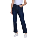 A model wearing dark blue high-waisted straight-leg jeans, paired with a white top and white sneakers, shown against a plain white background.