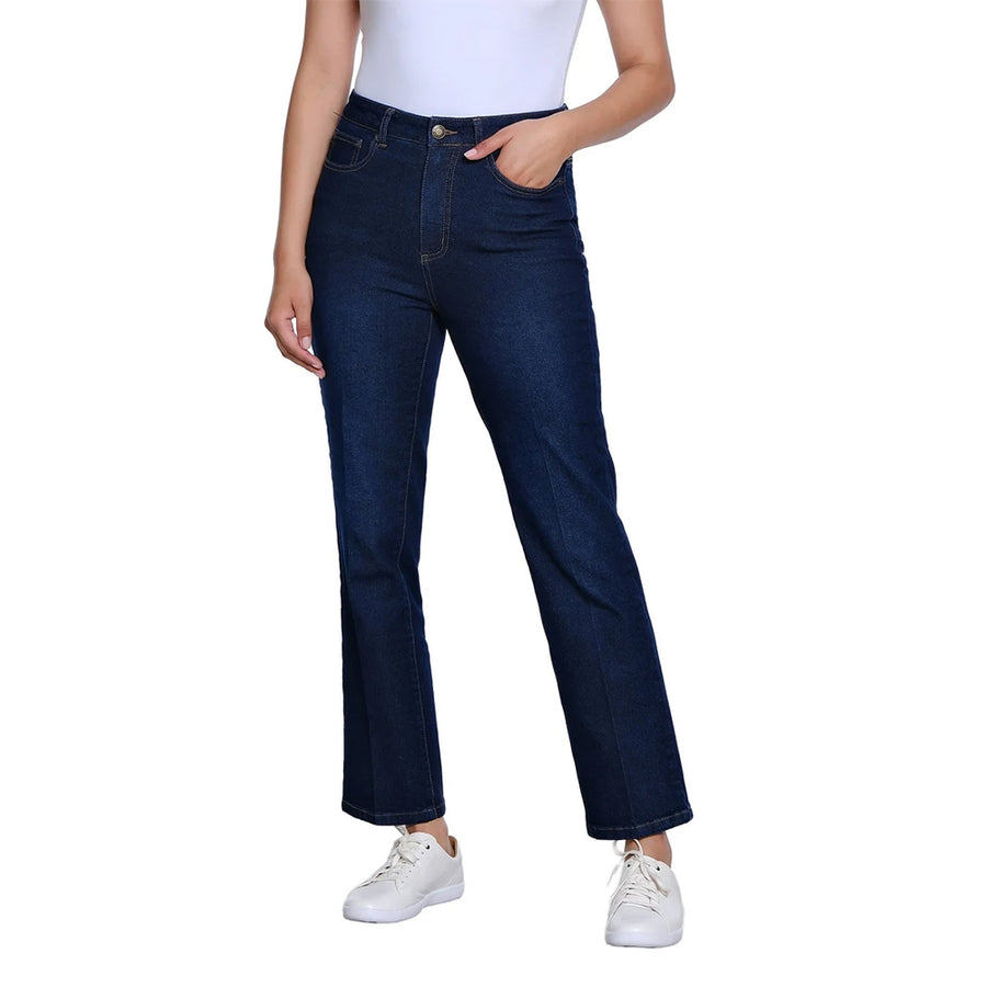 A model wearing dark blue high-waisted straight-leg jeans, paired with a white top and white sneakers, shown against a plain white background.