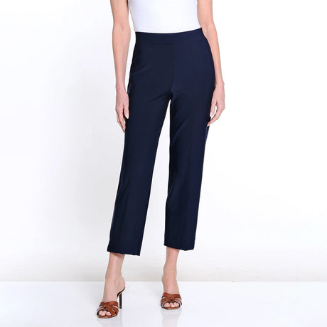 Navy blue pants worn by a person on a white background
