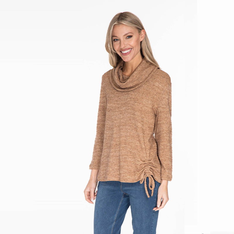 Mocha 3/4 Sleeve Cowl Collar Side Drawstring Solid Texture Stripe Knit Top