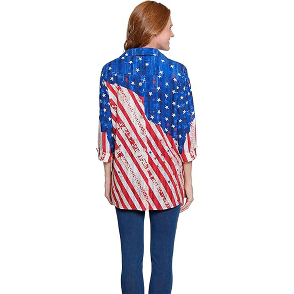 Woman wearing a colorful American flag shirt on a white background