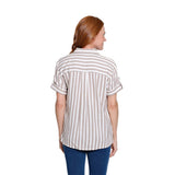 Woman wearing a striped shirt on a white background