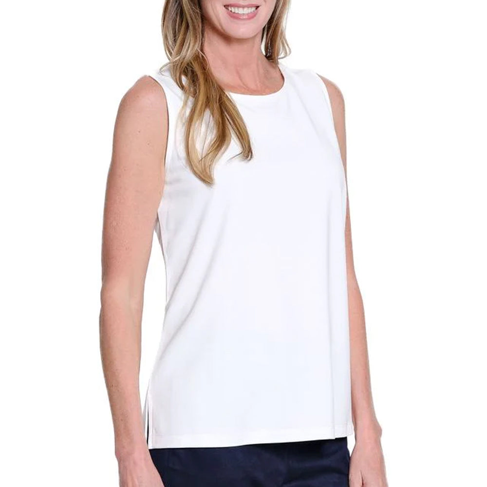 Woman wearing a white sleeveless top on a white background