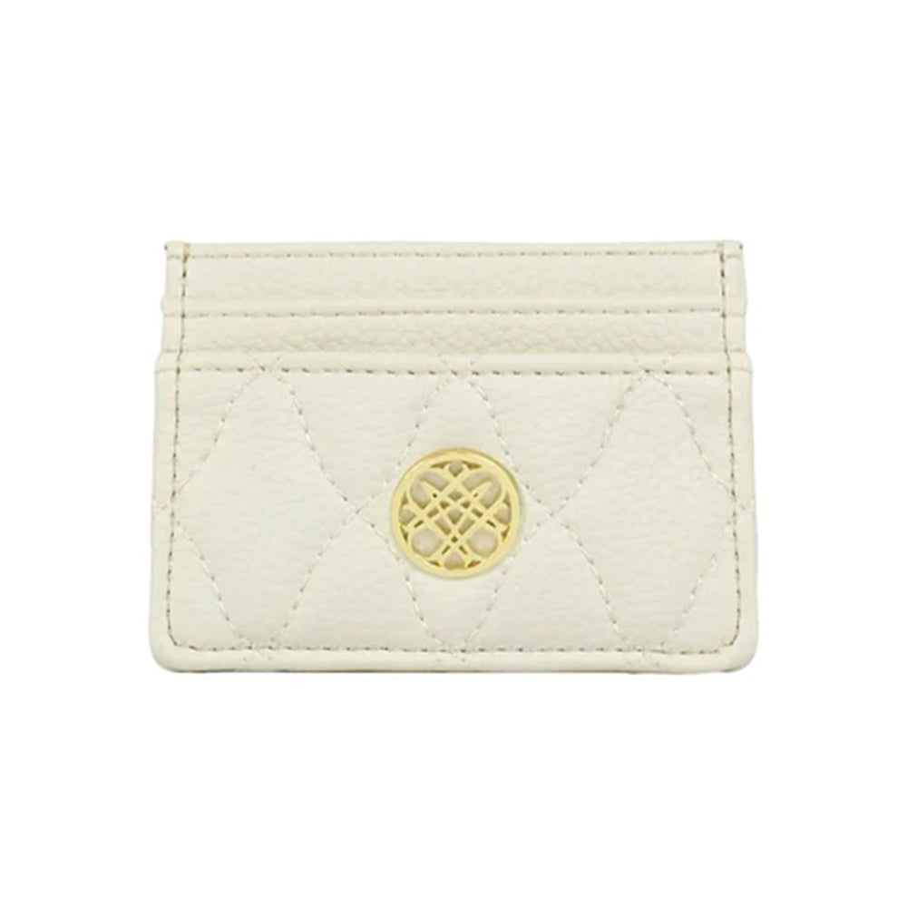 White quilted cardholder with a gold emblem on a white background