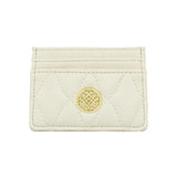 White quilted cardholder with a gold emblem on a white background