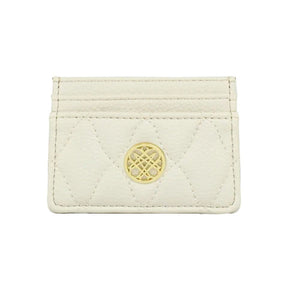 White quilted cardholder with a gold emblem on a white background