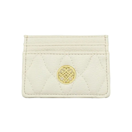 White quilted cardholder with a gold emblem on a white background