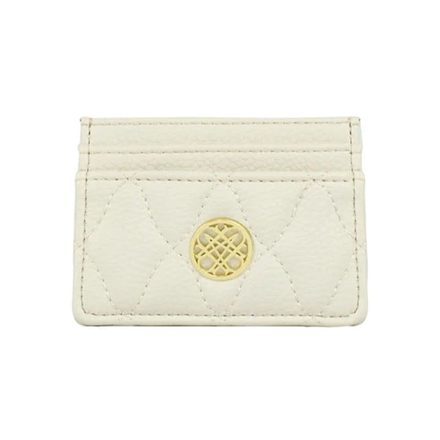 White quilted cardholder with a gold emblem on a white background