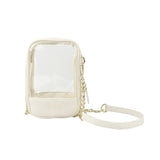 Beige crossbody bag with clear front panel on a white background