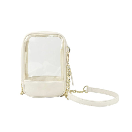 Beige crossbody bag with clear front panel on a white background