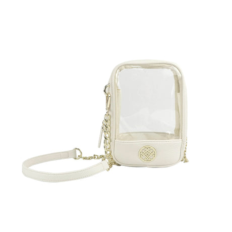 Clear pouch with a chain strap on a white background
