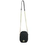 Black quilted crossbody bag with a gold chain strap on a white background