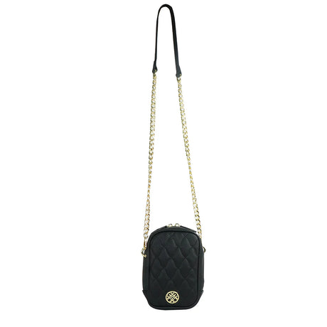 Black quilted crossbody bag with a gold chain strap on a white background