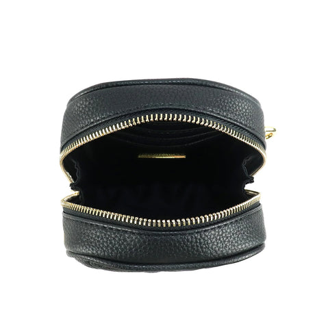 Black leather pouch with gold zipper on a white background