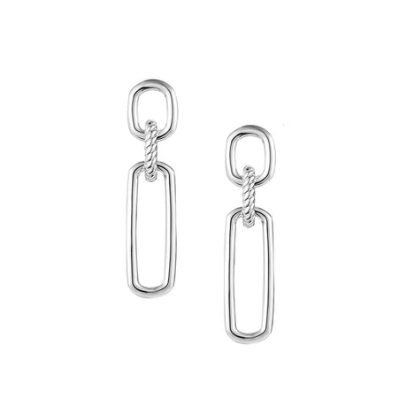 Silver earrings with geometric design on a white background