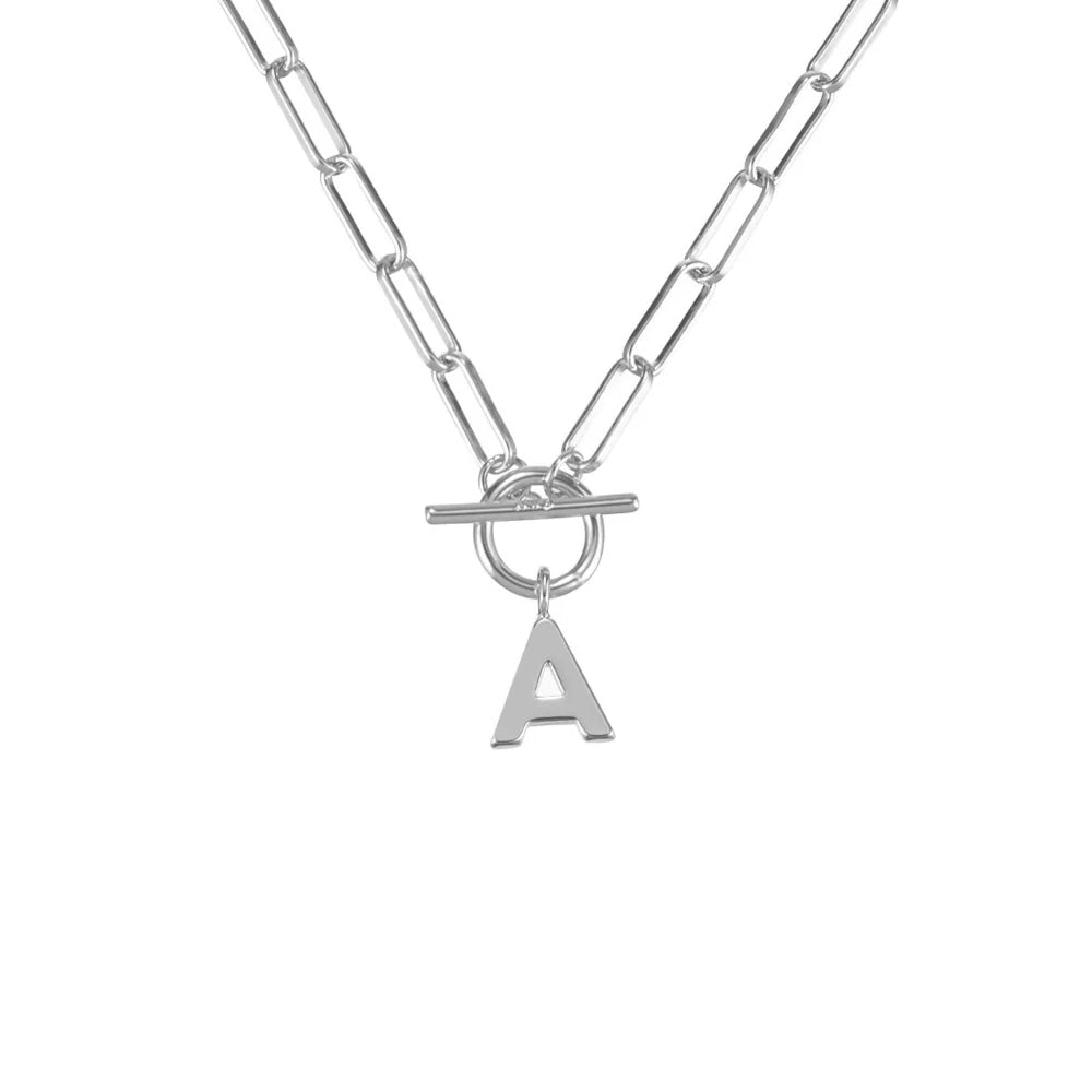 Silver necklace with a letter 'A' pendant on a white background