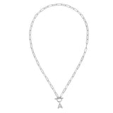 Silver chain necklace with a letter 'A' pendant on a white background