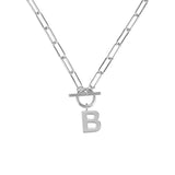 Silver necklace with a letter 'B' pendant on a white background