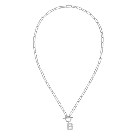 Silver necklace with a letter 'B' pendant on a white background
