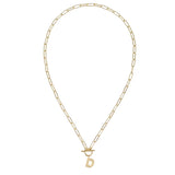 Gold chain necklace with a 'D' pendant on a white background