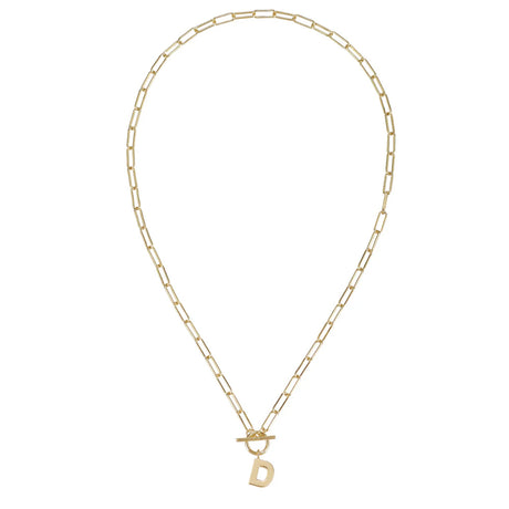 Gold chain necklace with a 'D' pendant on a white background