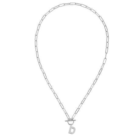 Silver necklace with a 'D' pendant on a white background
