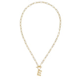 Gold chain necklace with a letter 'E' pendant on a white background