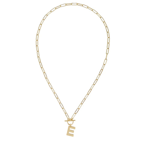 Gold chain necklace with a letter 'E' pendant on a white background