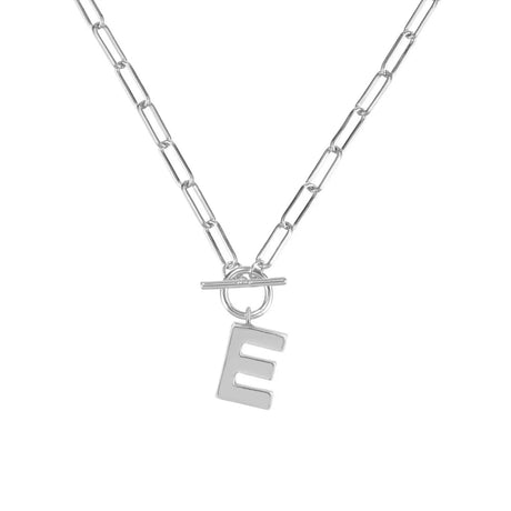 Silver necklace with a letter 'E' pendant on a white background
