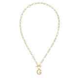 Gold chain necklace with a letter 'G' pendant on a white background