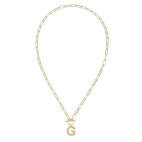 Gold chain necklace with a letter 'G' pendant on a white background