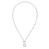 Silver necklace with a letter 'G' pendant on a white background