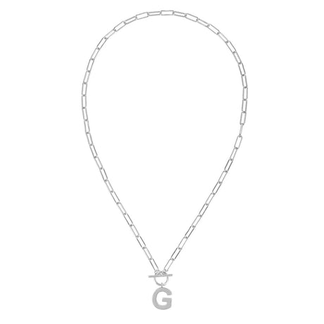 Silver necklace with a letter 'G' pendant on a white background