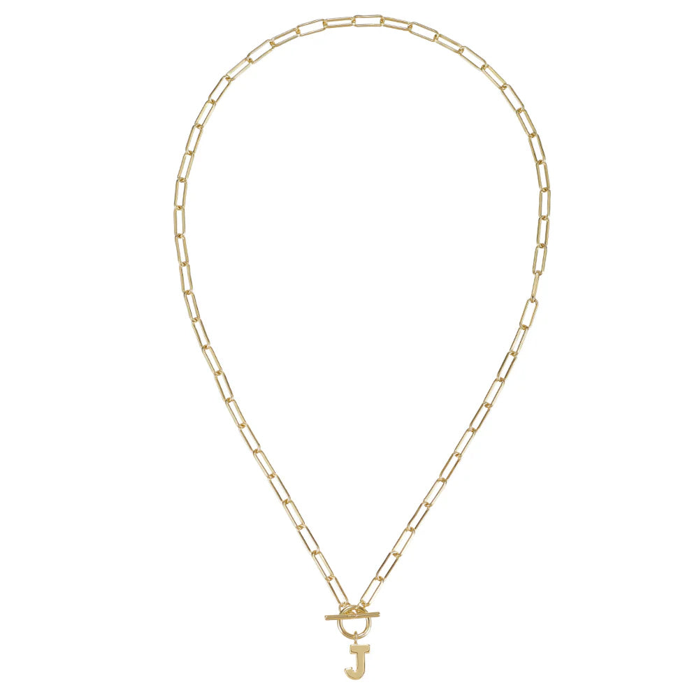 Gold chain necklace with a letter 'J' pendant on a white background