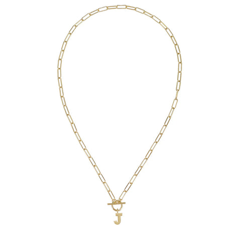 Gold chain necklace with a letter 'J' pendant on a white background