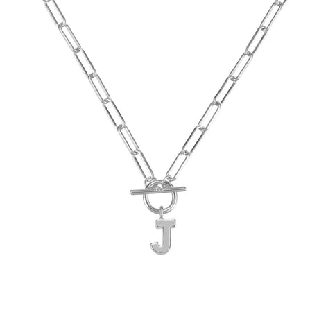 Silver necklace with a letter 'J' pendant on a white background