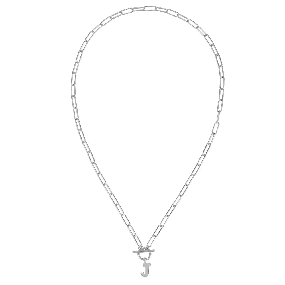Silver necklace with a letter 'J' pendant on a white background