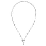 Silver necklace with a letter 'J' pendant on a white background