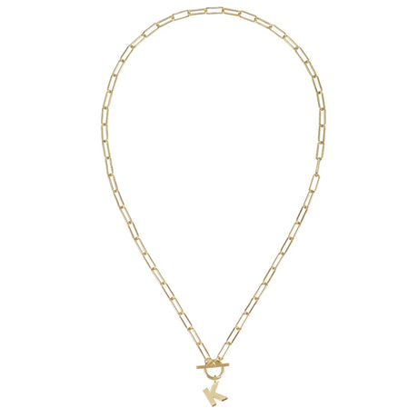 Gold necklace with a small pendant on a white background