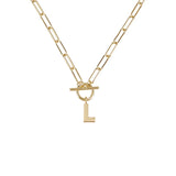 Gold necklace with a toggle clasp and 'L' pendant on a white background