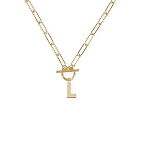 Gold necklace with a toggle clasp and 'L' pendant on a white background