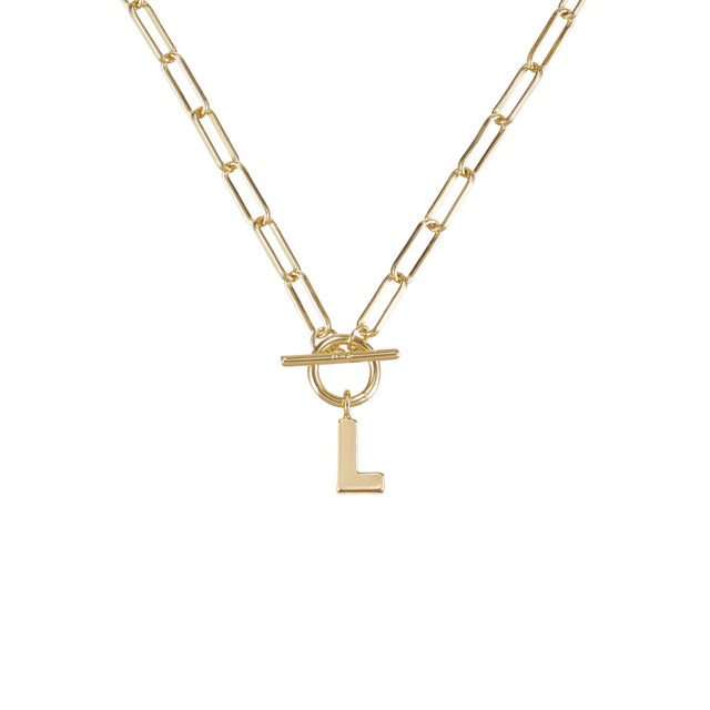 Gold necklace with a toggle clasp and 'L' pendant on a white background