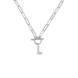 Silver necklace with a toggle clasp and 'L' pendant on a white background