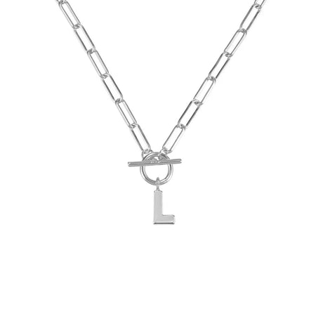 Silver necklace with a toggle clasp and 'L' pendant on a white background