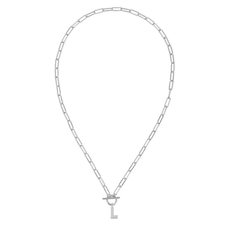 Silver chain necklace with a key pendant on a white background