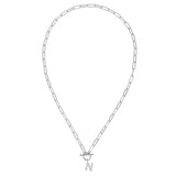 Silver chain necklace with a letter 'N' pendant on a white background