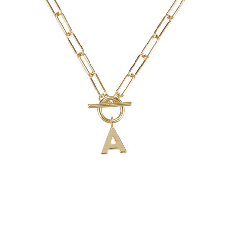 Gold necklace with a 'A' charm on a white background