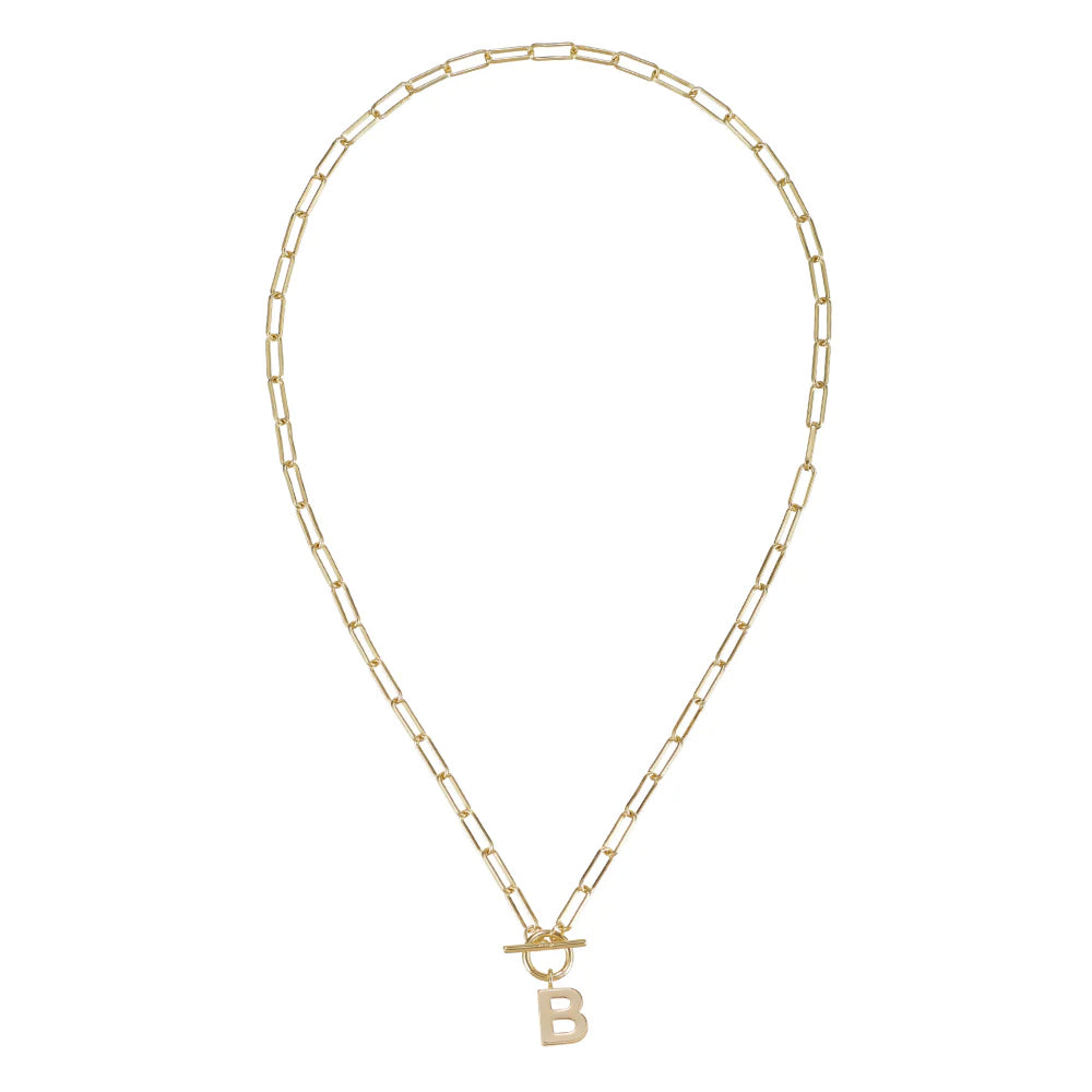 Gold chain necklace with a 'B' pendant on a white background