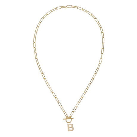 Gold chain necklace with a 'B' pendant on a white background